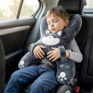 Kids Car Sleeping Pillow, H-Shaped for Neck & Back Support, gray Dog | Hands & Seat Belt Slot, Machine Washable & Compressible, Perfect for Car,...